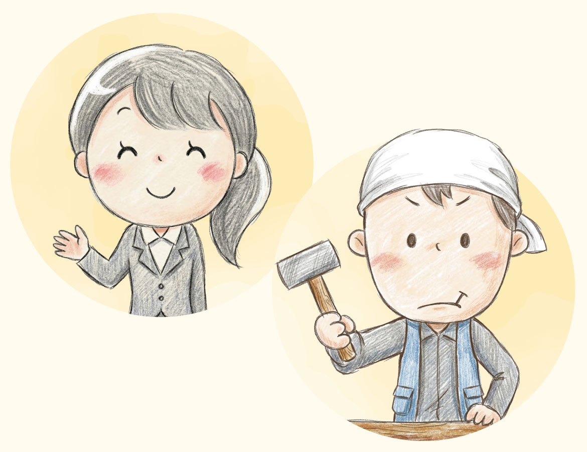 女性スタッフと職人のイラスト